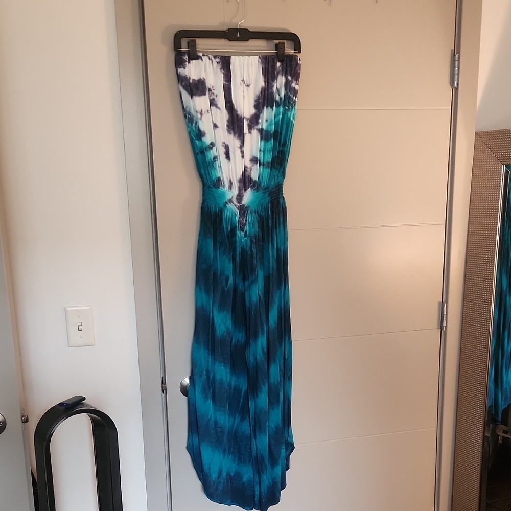 Blue and White Tie-Dye Strapless Jumpsuit